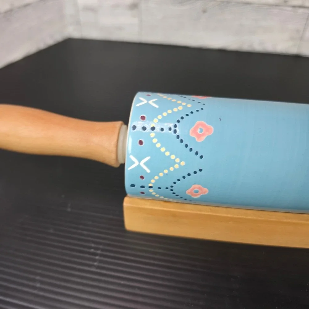 The Nordic Ceramic Rolling Pin Blue Floral with Wood Handles and Base